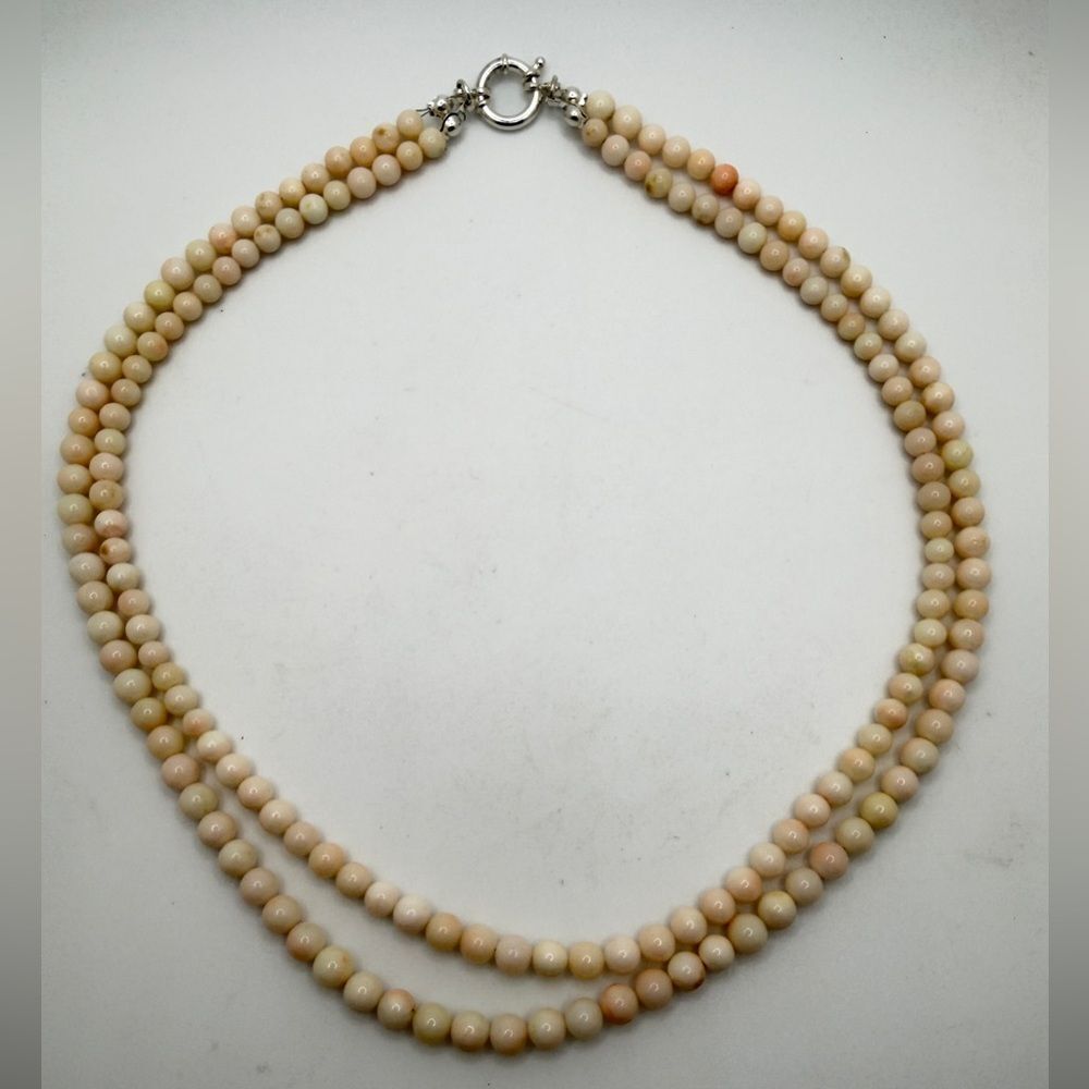 19" double strands, 7mm round Angel Skin coral beaded necklace w/ 925 hardware!